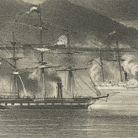 Old Military Scene of Dutch Ships Bombing Atchin in Sumatra, Indonesia, 1784, close-up 2