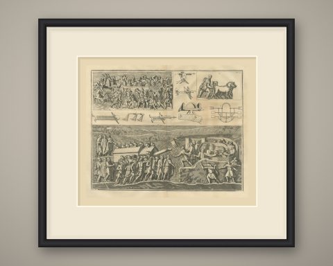 Roman Bolt Engines and a Ram Under a Shed, Montfaucon Siege Plate, 1722, shown framed