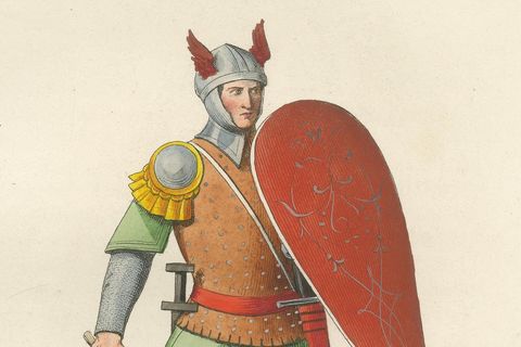 Armored Knight c.1400 with Winged Helmet, Antique Print Published 1845, close-up 2