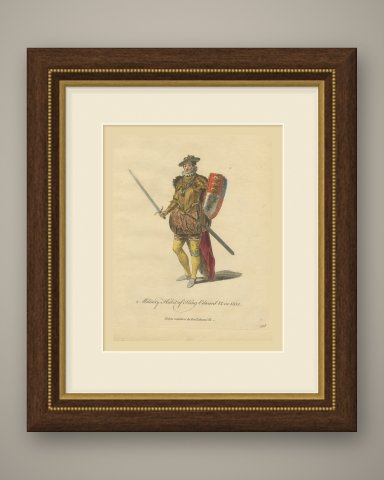 Military Habit of King Edward VI in 1552, Sword and Shield, Jefferys Plate, 1757, shown framed