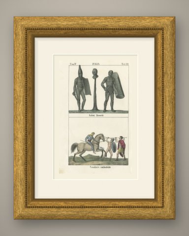 Etruscan Soldiers and a Fighting Horseman, Hand Colored Lithograph, 1842, shown framed