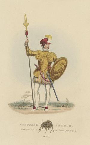 Nicely Hand-colored Antique Print of Embossed Armour, 1842, close-up 1