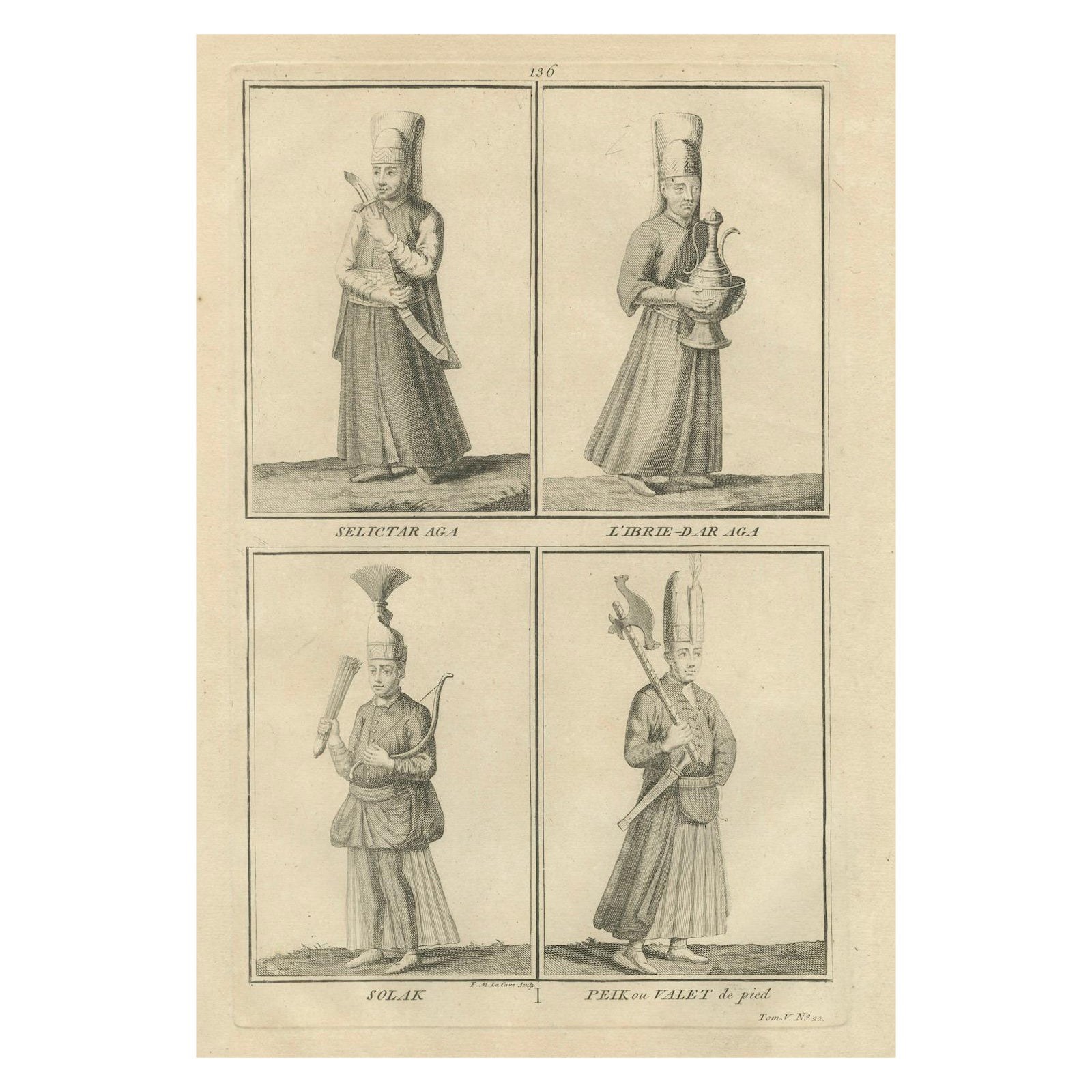 Ottoman Court Attendants and Soldiers, 1734 Print of Imperial Palace Figures