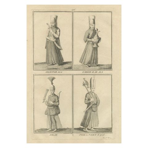 Ottoman Court Attendants and Soldiers, 1734 Print of Imperial Palace Figures