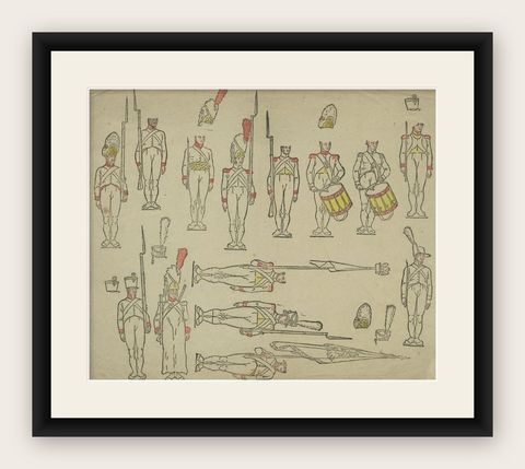 French Revolutionary Infantry, Uniforms, Drummers and Standards, c.1795, shown framed