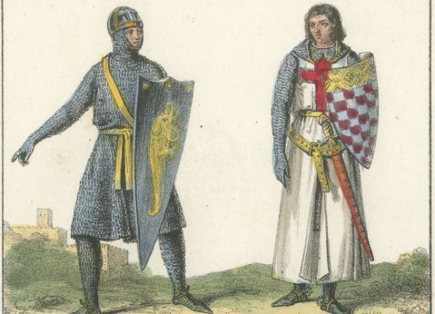 Crusader Knights in Mail with Heraldic Shields and Surcoats, 1842, close-up 1