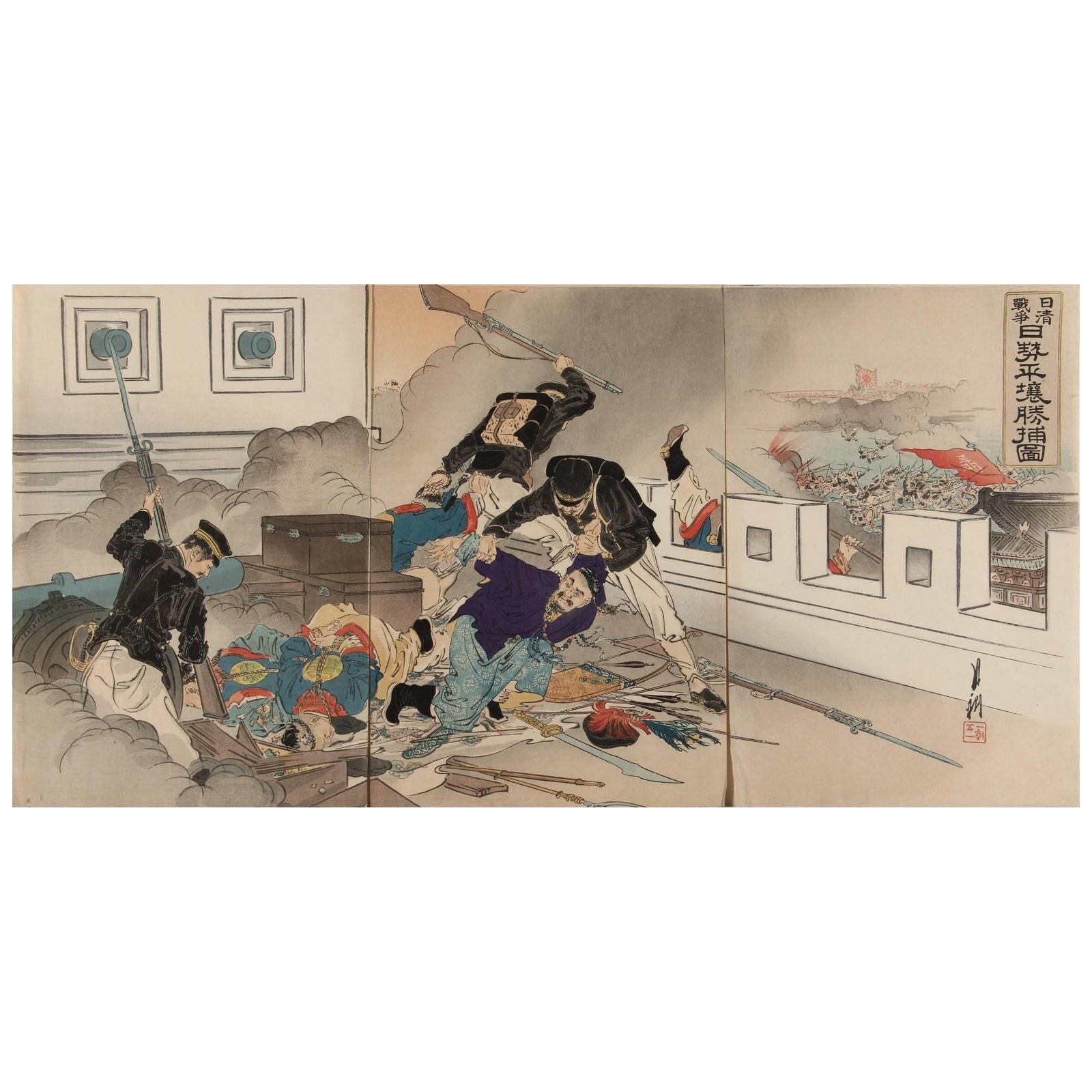 Fortress Assault Triptych, 1894 Japanese Meiji War Woodblock by Gekko