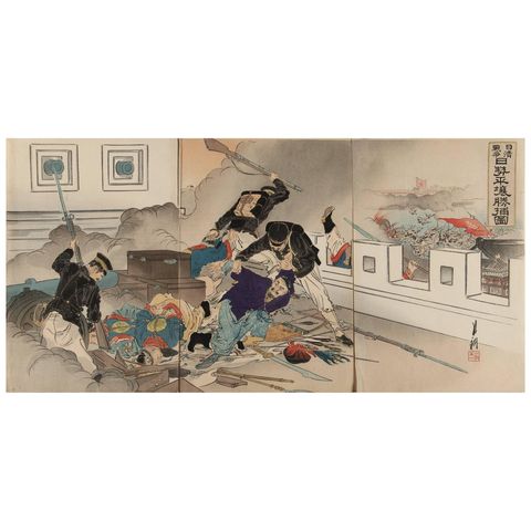 Fortress Assault Triptych, 1894 Japanese Meiji War Woodblock by Gekko