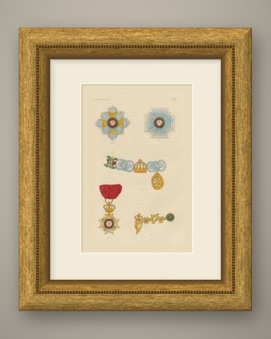 Great Britain, Order of the Bath Insignia, Plate XXXIV, Wood Engraving, 1844, shown framed