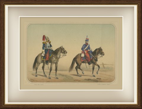 Spanish Cuirassier and Light Cavalryman, Villegas, Hand Colored Lithograph, 1861, shown framed