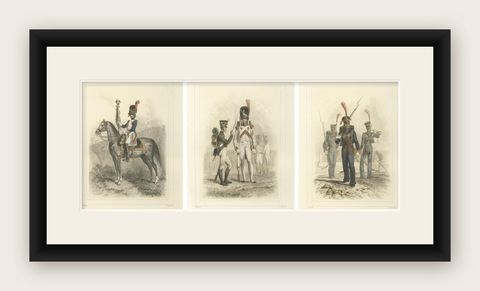 Napoleonic Guard Soldiers, Grenadier, Marine, and Standard Bearer, 1859, shown framed