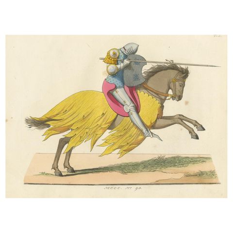 Mounted Knight in Tournament Armor c.1400, Antique Print, 1845