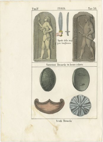 Etruscan Warriors in Relief, Swords and Shields, Hand Colored Lithograph, 1842, view 2