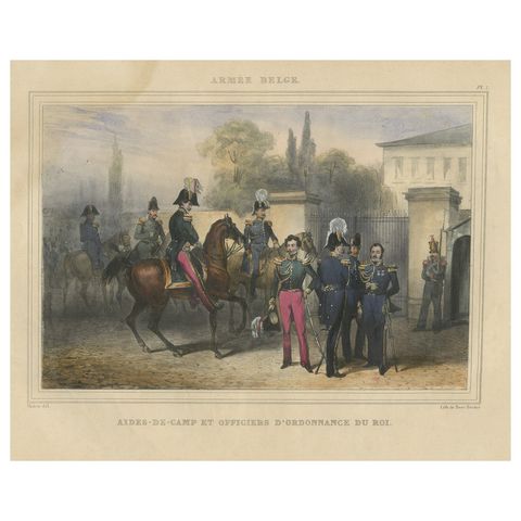 Handcolored Antique Print of Officers and Horses of the Belgium Army, 1833