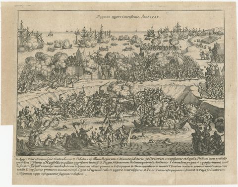Battle of Kauwenstein Dijk, 1585: Siege of Antwerp Engraving with Latin Legend, view 2