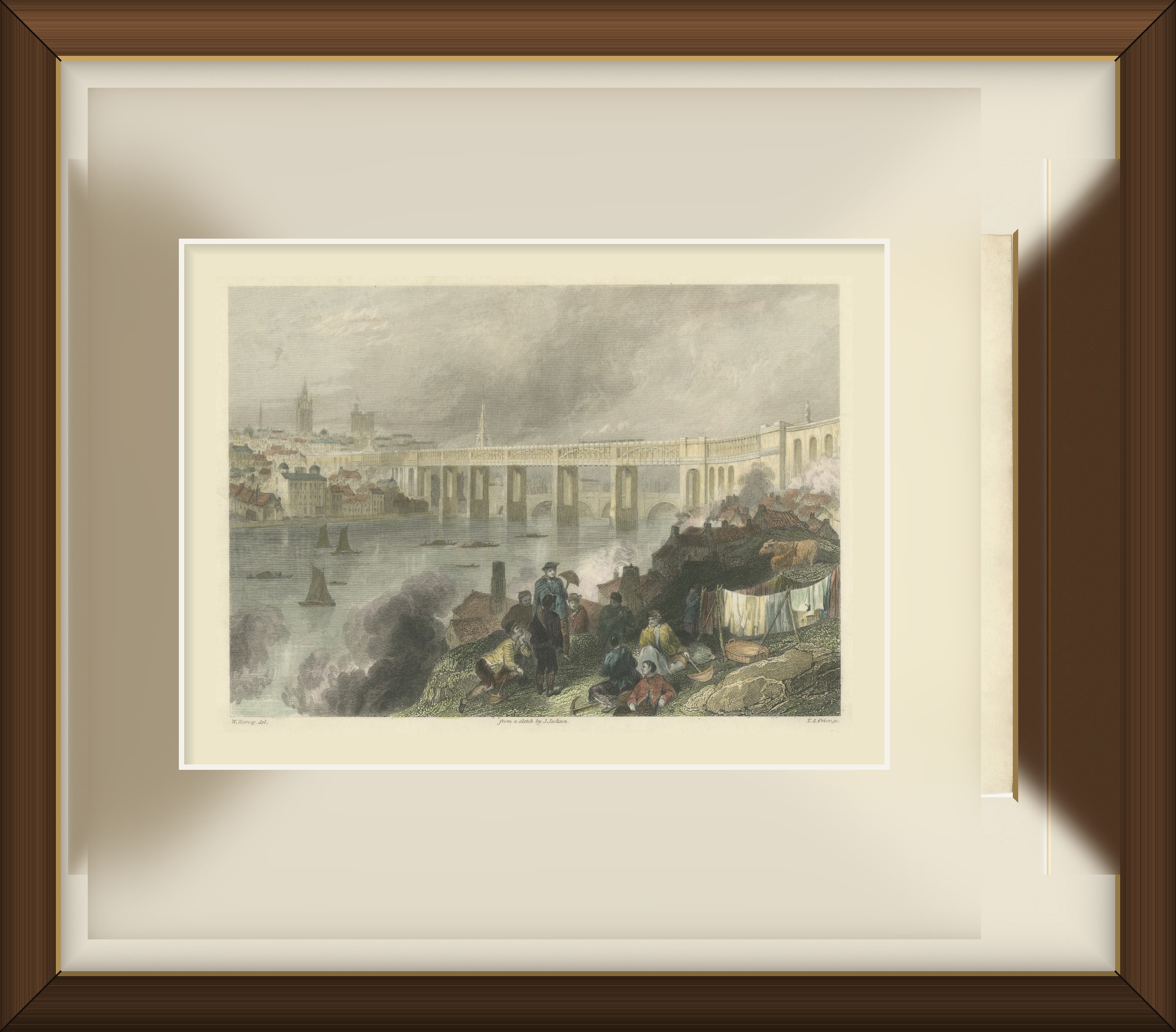 Newcastle from the South West, Engraving after W. Harvey, Charles Knight, 1849, shown framed