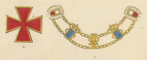 Sweden, Red Crosses, Collar and Medals, Plate LXXXI, Wood Engraving, 1844, close-up 1