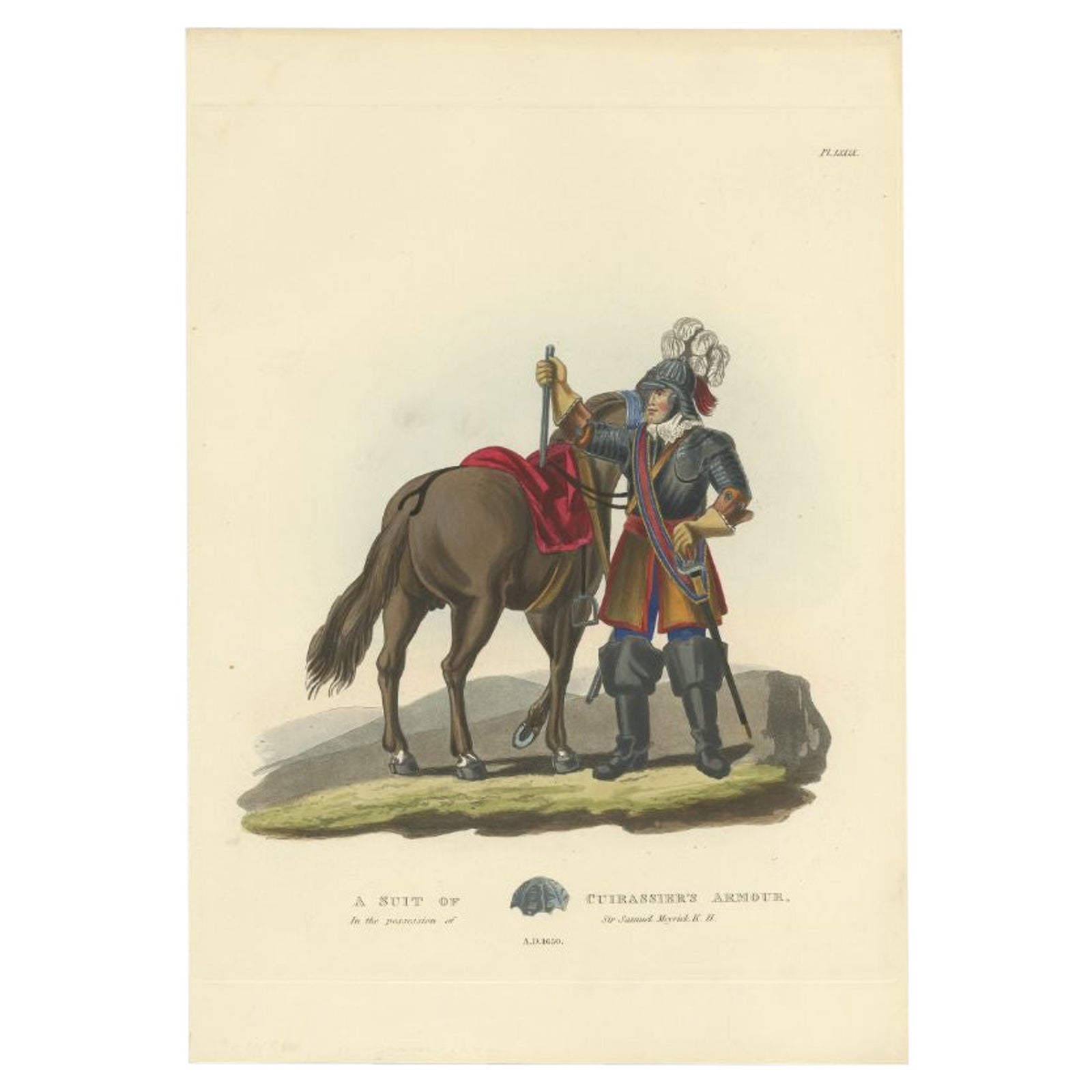 Antique Print of Cuirassier's Armour with Horse, 1842