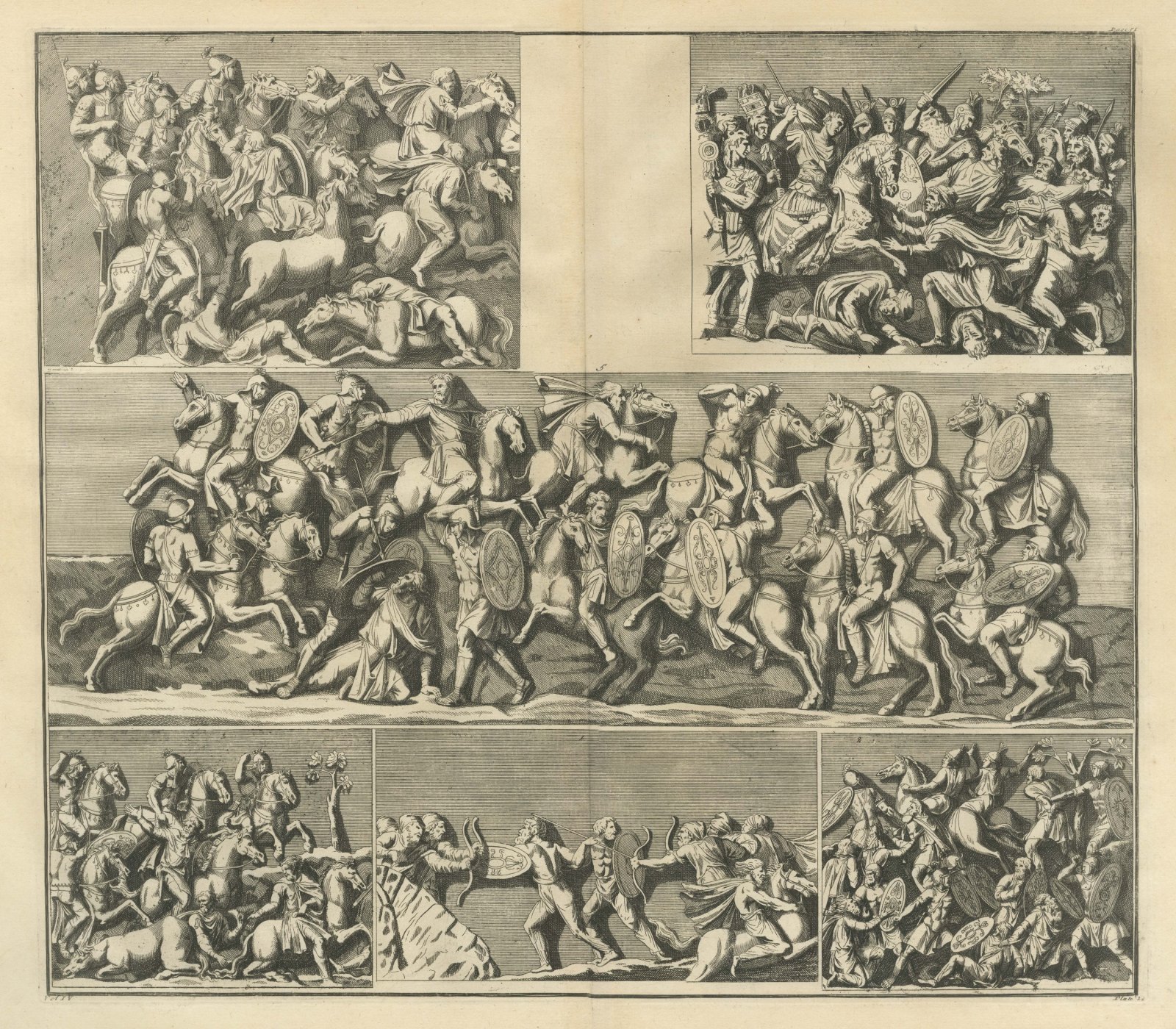 Cavalry and Infantry Battle Reliefs in Six Scenes, Montfaucon Engraving, 1722