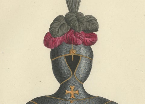 19th-Century Hand-Coloured Print of Ornate Medieval Armor and Tournament Attire, close-up 3