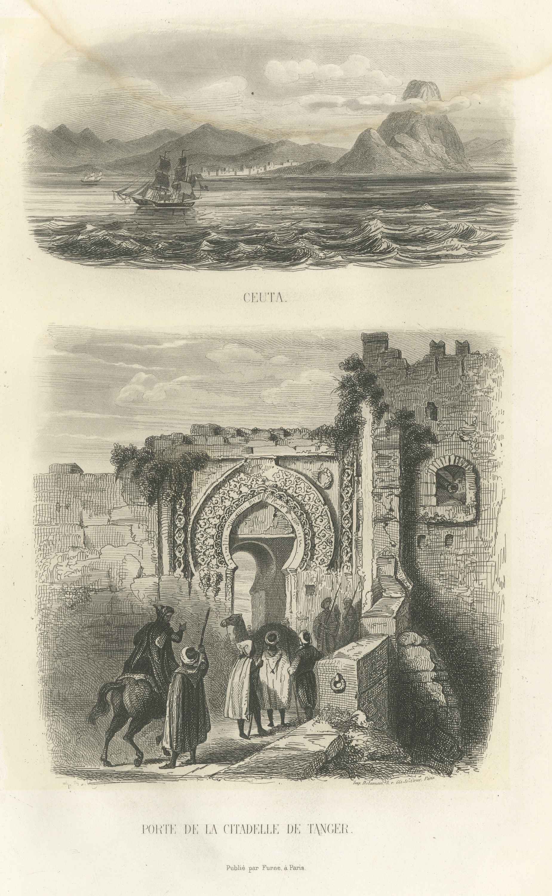 Ceuta from the Sea and Citadel Gate of Tangier, Morocco, Antique Print, 1859