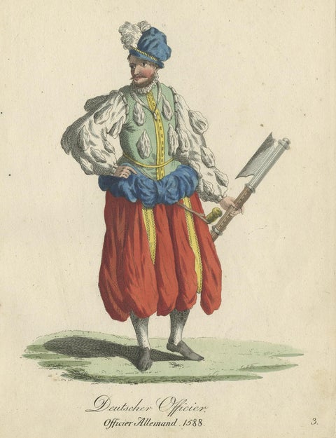 Original Print of the Costume of a German Officer in 1588, Published in 1805, close-up 1