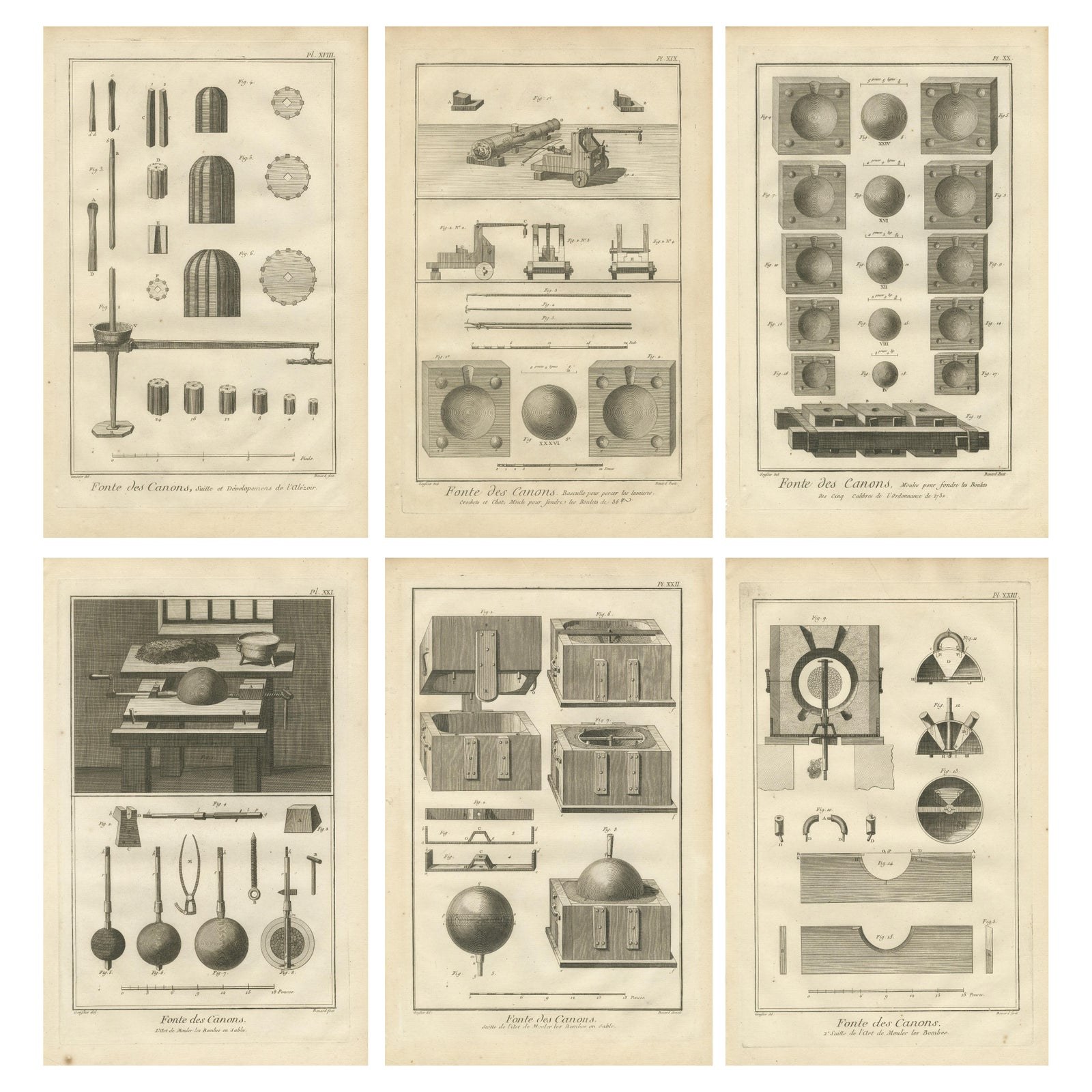 Rare Engravings of Cannon Manufacturing and Artillery Casting Techniques, c.1770