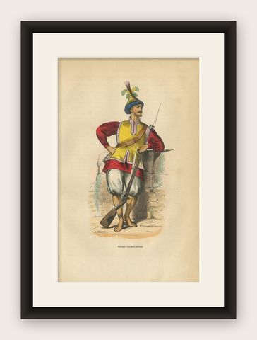 Antique Print of a Soldier of Cochinchina by Wahlen, 1843, shown framed
