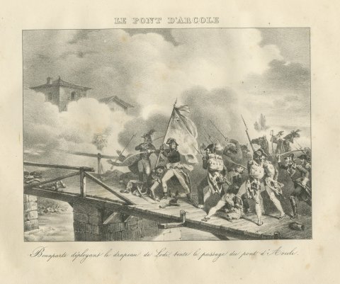 Bonaparte at the Bridge of Arcole, Antique Madou Lithograph, 1827