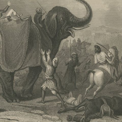 Antique India Battle Print, Siege of Mooltan 1849, Elephant War Scene, close-up 4