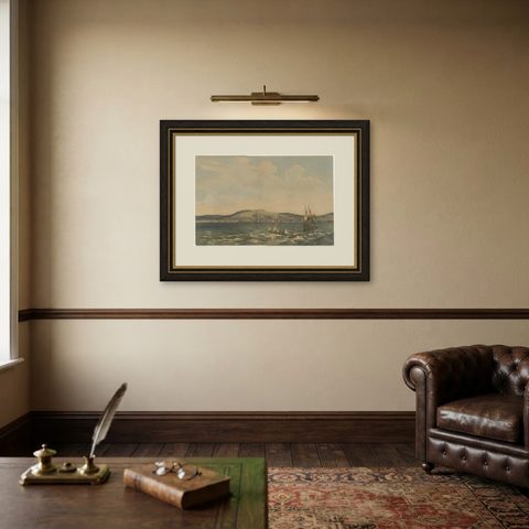 View of the Dardanelles: Fortified Hill and Ships, Hand-Colored Lithograph, 1840, shown framed on a wall