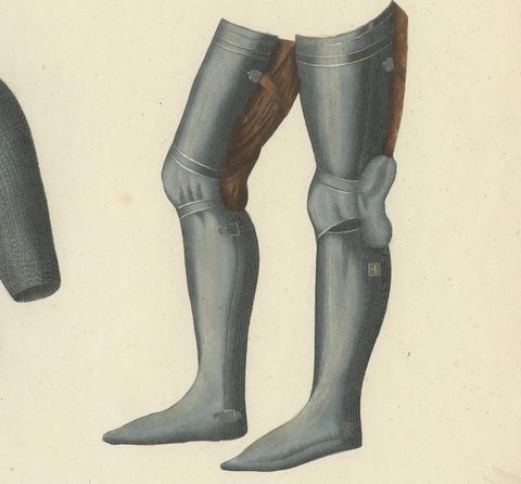 19th-Century Hand-Coloured Lithograph of Chainmail Hauberk and Plate Leg Armor, close-up 1