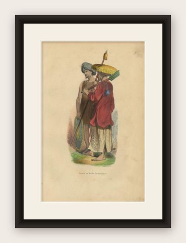 Antique Print of a Native and Soldier of Cochinchina, 1843, shown framed