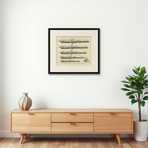 18th Century Engraving of Ornate French Cannons, circa 1770, shown framed on a wall