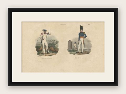 Antique Print of an Amboine Soldier and Officer, circa 1833, shown framed
