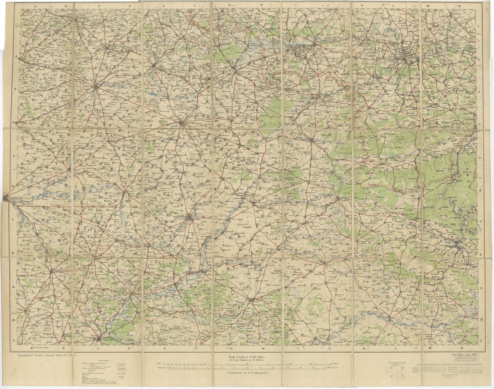 1914 WWI British War Office Map of Arras, Amiens and Reims, Edward Stanford