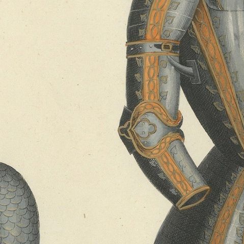 19th-Century Hand-Coloured Print of Ornate Medieval Armor and Tournament Attire, close-up 5