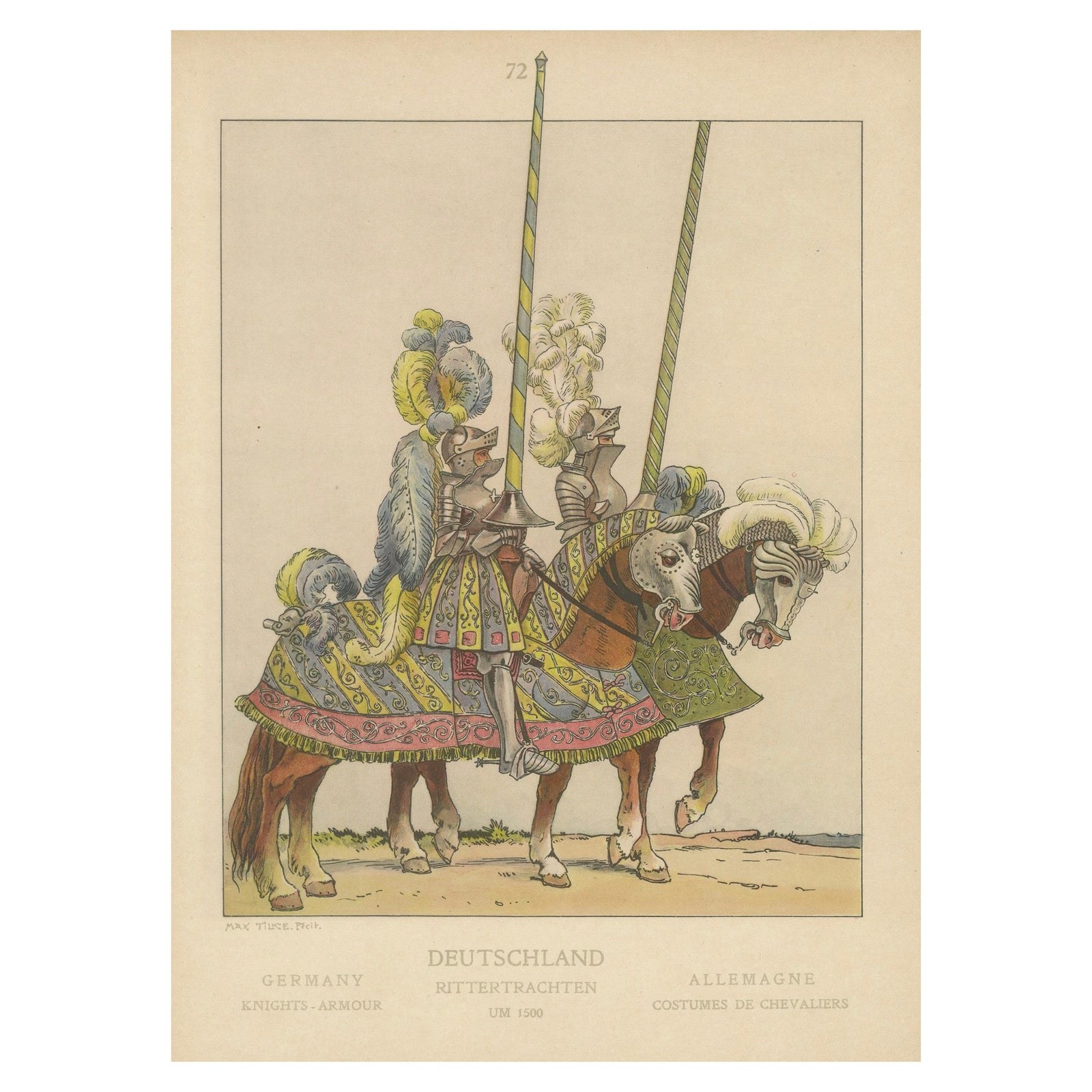 Knightly Pageantry of Germany c.1500, Antique Colored Print, Published 1880