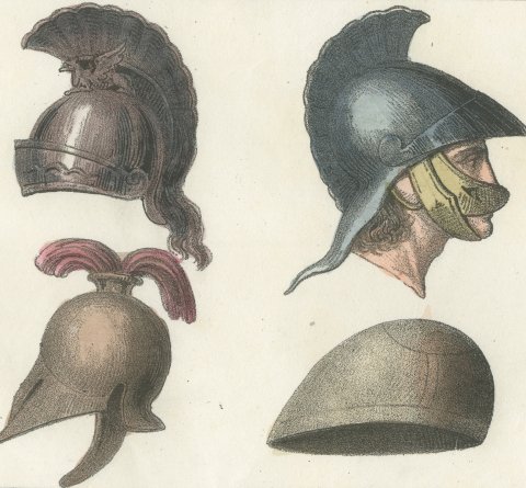 Roman Military Standards and Crested Helmets, Hand Colored Lithograph, 1842, close-up 2