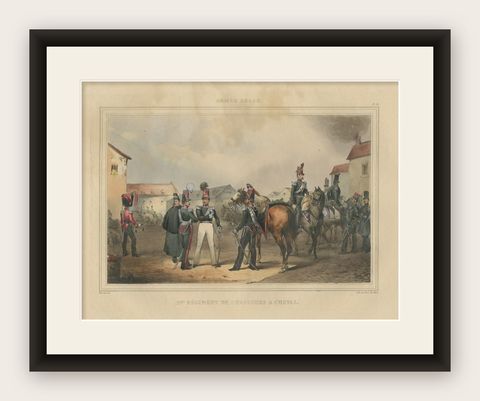 Old Handcolored Print of a Regiment of the Belgium Army, 1833, shown framed