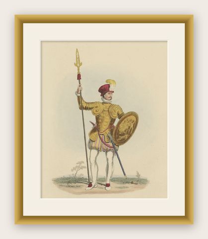Nicely Hand-colored Antique Print of Embossed Armour, 1842, shown framed