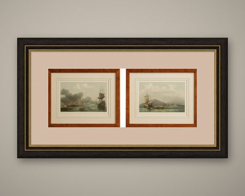 Naval Battle Lithographs in Frame– Etna and Palermo Engagements of 1676, Schotel, shown framed