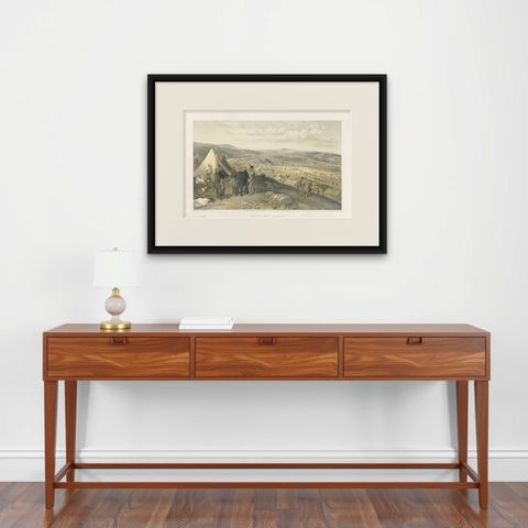 Antique Print of the Cavalry Camp 'Crimean War' by W. Simpson, 1855, shown framed on a wall