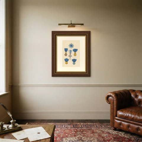 Sardinia, Civil Merit and Military Valor Medals, Plate LXXII, 1844, shown framed on a wall