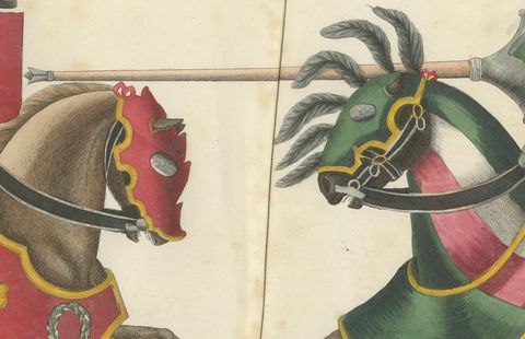 19th-Century Hand-Coloured Lithograph of a Knightly Joust in Bold Red and Green, close-up 2