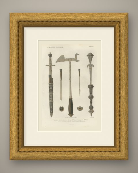 German Arms, War Hammer and Left Hand Daggers, Antique Print, 1851, shown framed