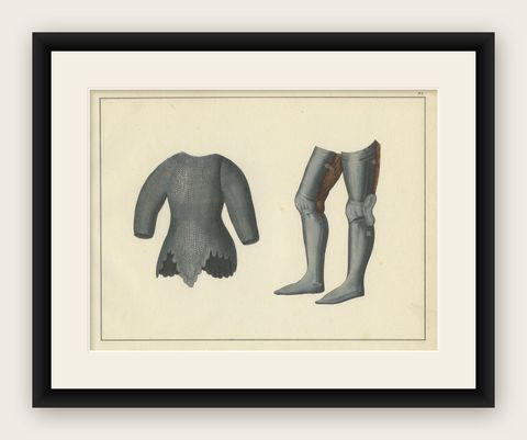 19th-Century Hand-Coloured Lithograph of Chainmail Hauberk and Plate Leg Armor, shown framed