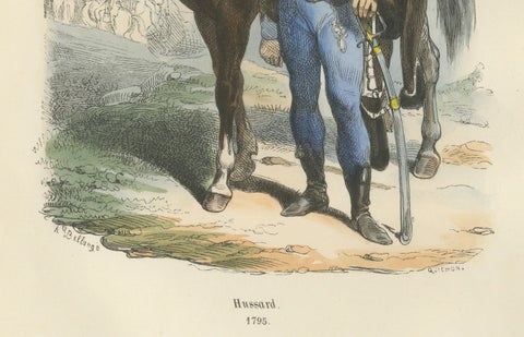 French Hussar with Horse 1795, Napoleonic Era Military Uniform Print, 1843, close-up 1