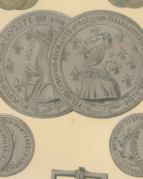 Renaissance Medals and Armor, Pair of Antique French Chromolithographs, 1882, close-up 3