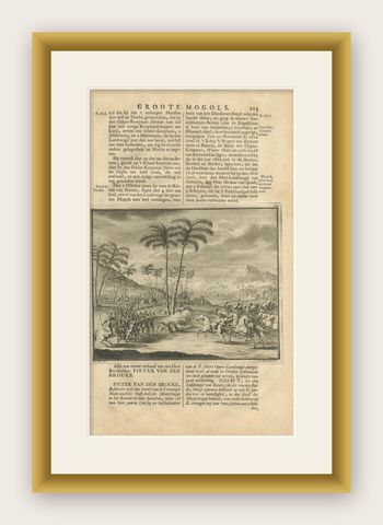 Antique Print of a Battle in the Mughal Empire by Valentijn, 1726, shown framed